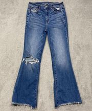 American Eagle Jeans Womens 8 Blue Super High Rise Flare Ripped Cotton Denim