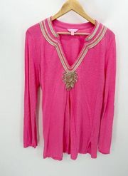 Lilly Pulitzer Top Women XL Pink Emerson Long Sleeve V-Neck Swim Cover-Up Tunic
