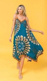 Jealous Tomato Women's Feather Print Handkerchief Bohemian Midi Teal Sundress XS