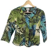 Chico's Women's Floral Blazer Coat jacket snap Closure Beaded sequins Green Smal