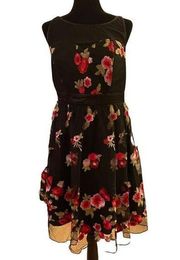 Venus Retro Look Black Floral Embroidered Dress with Tulle Overlay Size 10 NWT