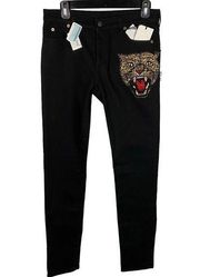 NWT GUCCI Angry Cat Embroidered Black Denim Pant Jean, size 28