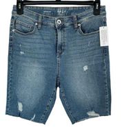 Style & Co SZ 8 Bermuda Jean Shorts Zip-Fly Distressed Frayed Hems Stretch Blue