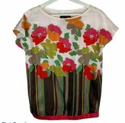 Apostrophe Silk Floral Crew Neck Pull Over Banded Bottom Blouse Women’s Size Sm