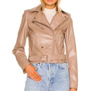 Superdown Giovanna Moto Jacket in Tan Faux Leather with Pockets Zips and Belt