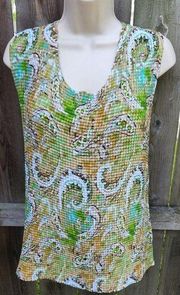 Cato Woman's Smocked Green and White Paisley Print Tank Top Size 26/28 Stretch