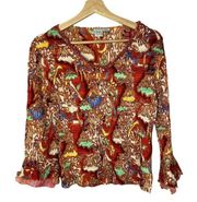 Alberto Makali Red Printed Textured Long Sleeve Blouse S