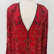 Vintage Scala Pure Silk Beaded Jacket Longline V Neck Red Black Gold NEW size 1X