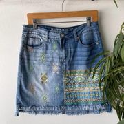 Hydraulic Skirt Womens 8 Denim Embroidered Boho Aztec Summer Western Coastal