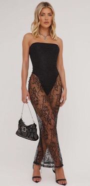 BANDEAU BODYSUIT MAXI DRESS IN BLACK SHEER LACE