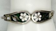 Vintage Abalone Shell Flower Inlay Mexico Silver Tone Hinge Bangle Bracelet