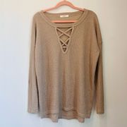 Boutique Cherish waffle knit tunic blouse size Medium tan oat