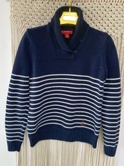 denim Navy & White Stripe Pullover long sleeve shawl collar Nautical Sweater 100% cotton