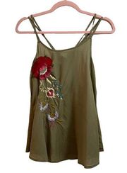 Akemi + Kin Anthropologie Green Embroidered Double Strap Tank Top