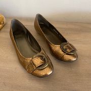 gold snakeskin embossed buckle detailed flats