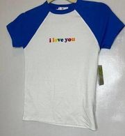 BP. Womens White Shirt Size Small Short Sleeve Raglan I‎ Love You