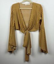 AUDREY 3 + 1 Gold Yellow Striped Crop Top Bell Sleeve Wrap Knot Small S