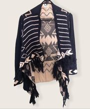 PPLA Clothing Navy Blue Aztec Fringe Open Front Cardigan S/M