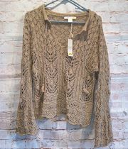 NWT CC California crochet tan pullover top long sleeve open knit bell sleeves