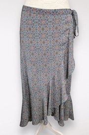 Faux Wrap Midi Skirt High Low Floral Silky XS