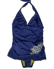 Becca Womens Floral Embroidered One-Piece Swimsuit Size Large Blue Halter