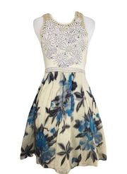 Free People  Dreamy Blue Floral Patchwork Dress White Appliqué Beaded Bodice XS