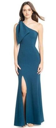 DRESS THE POPULATION Georgina One-Shoulder Crepe Gown in Peacock Blue Size Large