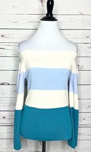 NWOT Cloud Ten Off Shoulder Teal Blue & White Stripe Long Sleeve Top Size Medium