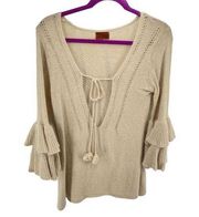 POL Womens Bell Tiered Sleeve Sweater Pullover V Neck Tassel tunic Tan Size Smal