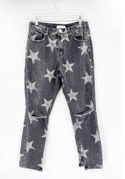 One Teaspoon Camden Freebirds High Rise Gray Star Print Ripped Straight Jeans