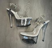 Clear Lucite Platform Mules Ankle Strap Stiletto Heels Peep Toe