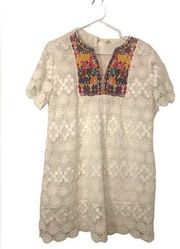 Women Embroidered Yoke Size L Tunic White Gauzy Dress Boho