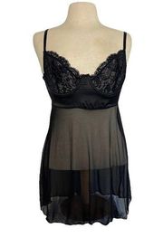 Black lace satin balconette semi sheer lingerie mini slip dress / cami camisole