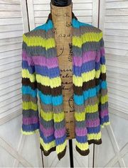 Peck & Peck Striped Crochet Open Front Cardigan Sweater  6 Gray Multi