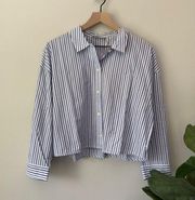 Everlane 100% Cotton Striped Button Down Blouse Collared Pleated Back Blue White
