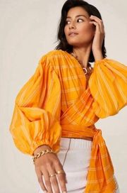 Acler Wyatt Balloon Sleeves Cropped Wrap V-Neck Cotton Top in Orange Size 8