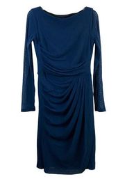 NWT Maggy London Blue Mesh Ruched Long Sleeve Knee-Length Sheath Dress Size 8