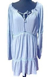 Kori Tiered Light Blue Long Peasant Sleeve Babydoll Mini Dress w/ Lace, Large