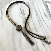 Lucky Brand Tassel Necklace Antique Gold Toned Metal Brown Leather Boho