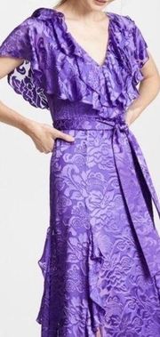 ALICE + OLIVIA Tessa Purple Ruffle V Neck Maxi Dress Gown Jacquard Floral Size 2