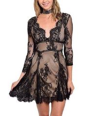 Banjul Lace Overlay V-Neck A-Line Mini Dress Black Nude Size Small NWT