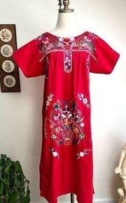 Vintage Puebla Mexican Embroidered Folk Floral Red Midi Dress