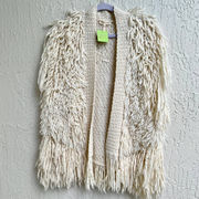 100%Wool Crochet Shaggy Open Front Cardigan Cream Womens Size M/L