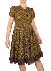 1970s Vintage Brown Floral Dress Gunne Sax Pattern Short Sleeve Flare Medium