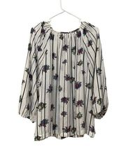 KAARI Blue Curvy White Striped Floral Off Shoulder Blouse Long Sleeve Womens 3X