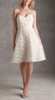 by Madeline Gardner Draped Sweetheart Neckline Ivory Lace Dress