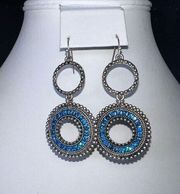 Boho Silver Tone Circle Dangle Earrings with Turquoise Blue Crystals