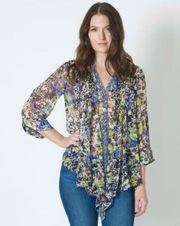 Elizabeth & James - Multicolor Floral Silk Semi-Sheer Blouse