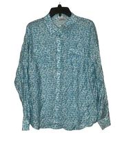 VanHeusen Women's Long Sleeve Cuffed Button Up Shirt Blue Leopard Print XL NWT