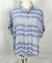 Beachlunchlounge Blue Stripe Top Loose Fit Shirt Tie Front Sz XL Cap Sleeve